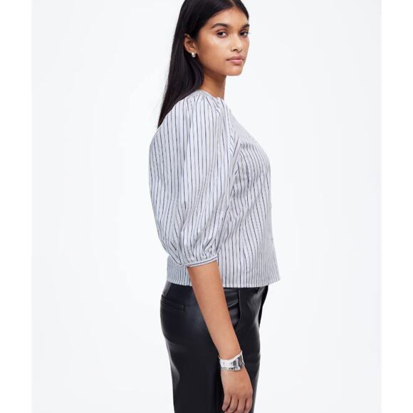 Madewell Puff-Sleeve Button-Up Top WMNS 6 Blue White Striped Crew Neck Oversized - Picture 3 of 9